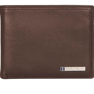 New Brown Enameled Logo Nautica Men's Bifold Leather Wallet | RFID Blocking